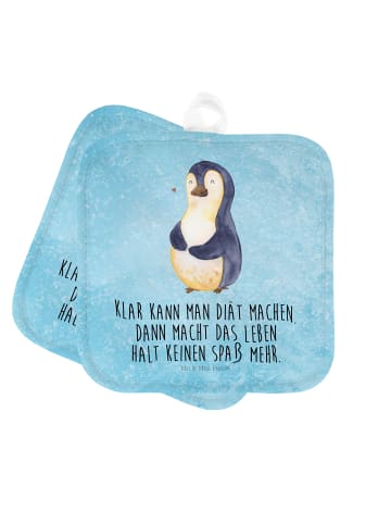 Mr. & Mrs. Panda 2er Set Topflappen  Pinguin Diät mit Spruch in Eisblau