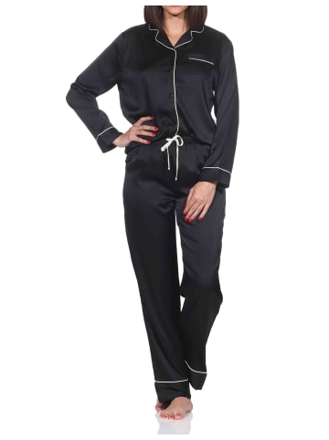 NORMANN Satin Schlafanzug langarm Pyjama Knopfleiste in schwarz