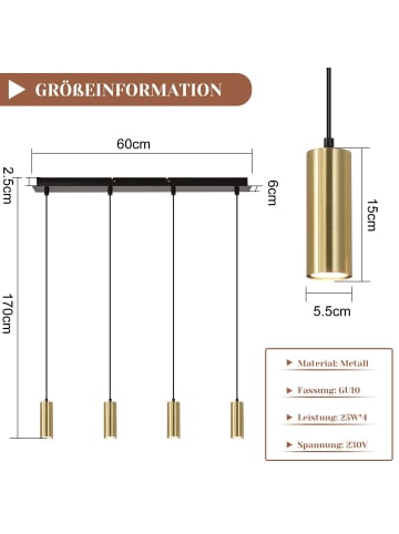 ZMH Pendelleuchte 4-flammige GU10 in gold Metall vintage