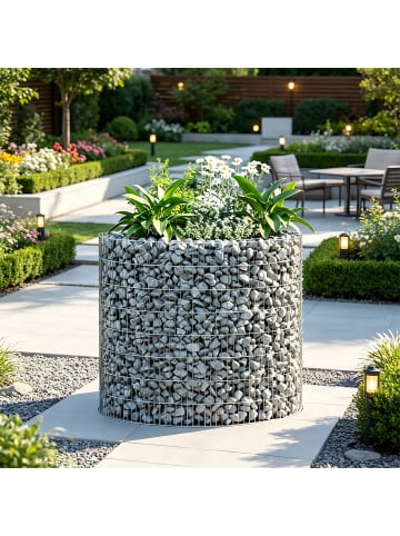 relaxdays Gabione "rund" in Silber - (H)80 x (Ø)90 cm