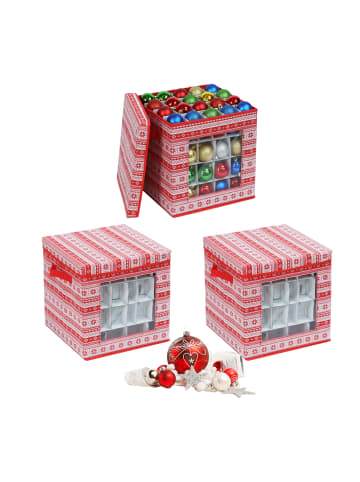 relaxdays 3 x Weihnachtskugel-Aufbewahrungsbox in Rot/ Weiß - (B)33 x (H)33 x (T)33 cm