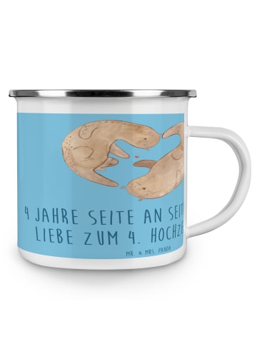 Mr. & Mrs. Panda Camping Emaille Tasse 4. Hochzeitstag Seidenhoc... in Sky Blue