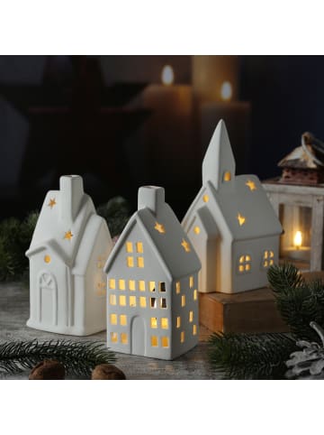 MARELIDA Teelichthalter Haus Lichthaus Windlicht Porzellan H: 16,5cm in weiß