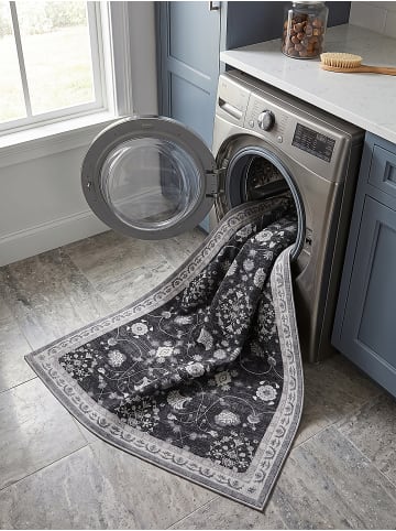 KADIMA DESIGN Teppich Kurzflor VERNANTE waschbar Orient Diele in Schwarz-Creme-Grau
