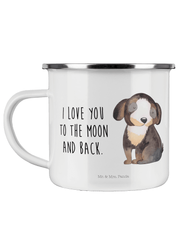 Mr. & Mrs. Panda Camping Emaille Tasse Hund Entspannen mit Spruch in Weiß