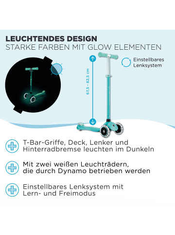 GLOBBER Scooter PRIMO PLUS GLOW LIGHTS Roller in dunkelmint, Leuchtrollen u. Glow-Effekt