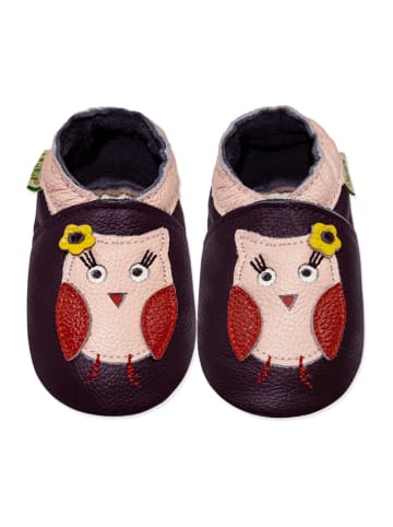 Sayoyo Leder-Krabbelschuhe "Eule" in lila