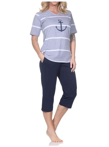 NORMANN Kurzarm Pyjama Schlafanzug Shorty Maritimer Look in grau-mel.