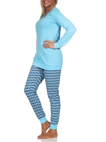 NORMANN Pyjama Schlafanzug lang & Bündchen EthnoLook - 79824 in blau