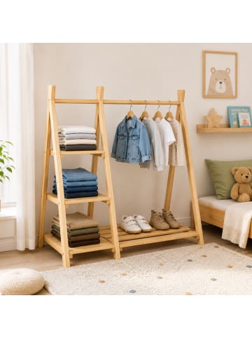 Kinderkleiderständer "mit Regal" in Natur - (B)112 x (H)111,5 x (T)48 cm