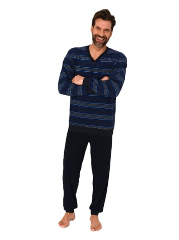 NORMANN Langarm Schlafanzug Frottee Stretch Pyjama Bündchen - 86851 in marine