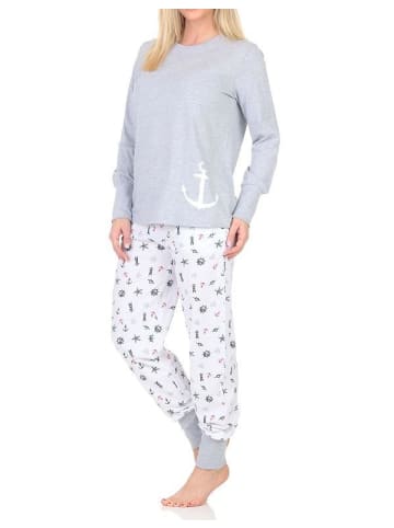 NORMANN Langarm Pyjama Schlafanzug Bündchen Maritimer Look in grau