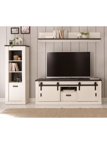 Furn.Design Wohnwand weiß Pinie, anthrazit Landhaus, Wohnkombination 3-teilig 233 cm