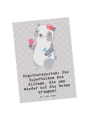 Mr. & Mrs. Panda Postkarte Ergotherapeutin Superhelden mit Spruch in Grau Pastell