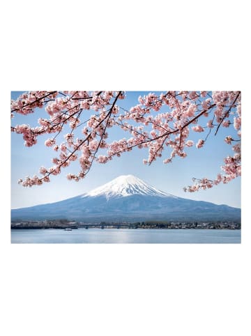 WALLART Leinwandbild - Kirschblüten mit Berg Fuji in Blau