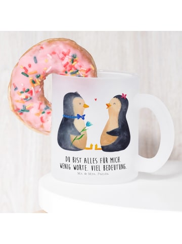 Mr. & Mrs. Panda Teetasse Glas Pinguin Pärchen mit Spruch in Transparent
