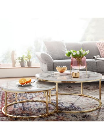 KADIMA DESIGN Couchtisch 2er-Set | Marmor-Optik Weiß-Gold, Metall, Rund in Gold