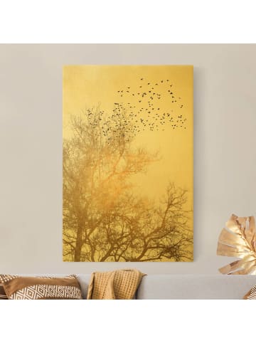 WALLART Leinwandbild Gold - Vogelschwarm vor goldenem Baum in Gold