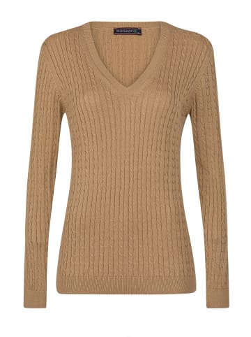 Felix Hardy Feinstrick Zopfmuster V-Ausschnitt Pullover in Camel