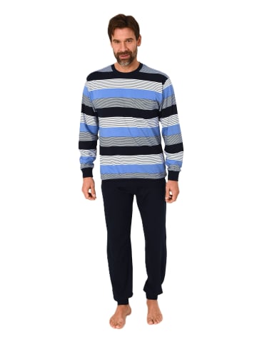 NORMANN Langarm Schlafanzug Pyjama Bündchen Streifen - 86592 in blau