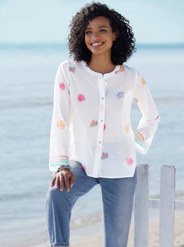 Heine Baumwollbluse in weiß-flamingo-bedruckt