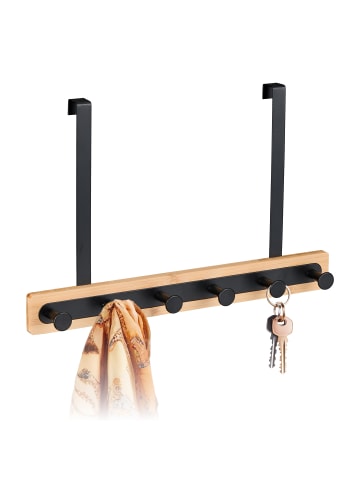 relaxdays Türgarderobe "6 Haken" in Schwarz/ Natur - (B)40 x (H)26 x (T)7,5 cm