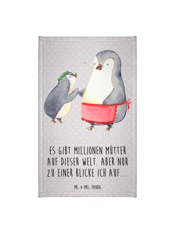 Mr. & Mrs. Panda Gästehandtuch Pinguin mit Kind mit Spruch in Grau Pastell
