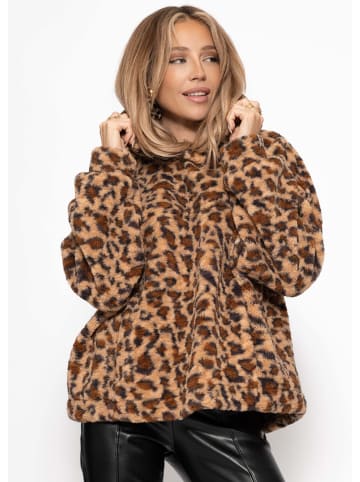 SASSYCLASSY Oversize Teddy Sweatshirt mit Kapuze in Leo-Print in Beige Leo