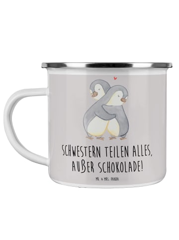 Mr. & Mrs. Panda Camping Emaille Tasse Schwestern Liebe mit Spruch in Grau Pastell