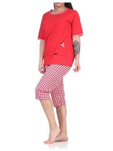 NORMANN kurzarm Capri Schlafanzug Katzen und lang Karo Jersey Hose - 66218 in rot