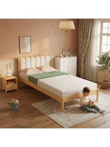 ABRIHOME Polsterbett in Beige 90x200 cm mit PU Kopfteil Wellendesign Massivholz