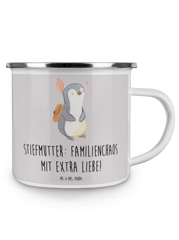 Mr. & Mrs. Panda Emaille Tasse Stiefmutter Liebe mit Spruch in Grau Pastell