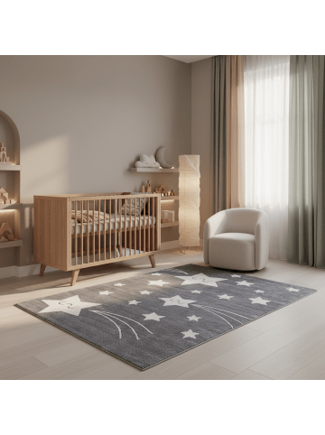 KADIMA DESIGN Kinderteppich Waschbar Sterne TASNA Strapazierfähig OEKO-TEX in Grau