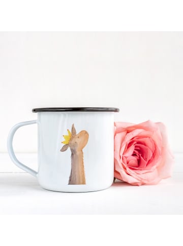 Mr. & Mrs. Panda XL Emaille Tasse Lamakopf König ohne Spruch in Weiß