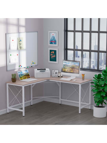 HOMCOM Eckschreibtisch-L150 x B150 x H76 cm-Natur + Weiß