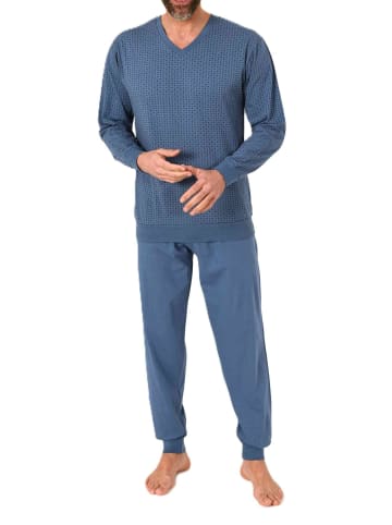 NORMANN Langarm Schlafanzug Pyjama Bündchen Minimalprint in blau