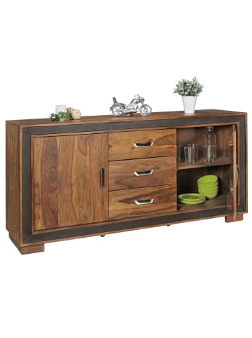 KADIMA DESIGN Rustikales Sideboard, Sheesham Massivholz, Kunstleder, 160x44x80 cm