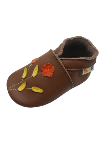 Yalion Leder-Krabbelschuhe "2 Blumen" in Braun