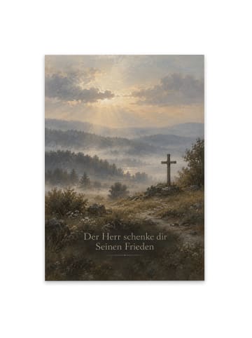 Trauerkarte Kreuz friedvoll Design mit Spruch in Weiß