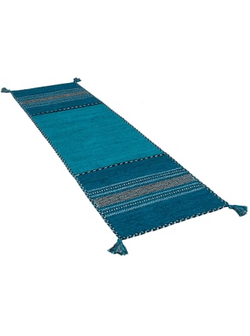 Pergamon Läufer Natur Teppich Kelim Navarro in Türkis