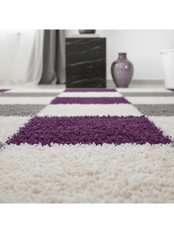KADIMA DESIGN Teppich Hochflor Shaggy Waschbar Karo RHEIN Strapazierfähig in Violett