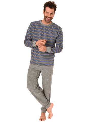 NORMANN Frottee Pyjama Bündchen Schlafanzug Streifen in Grau