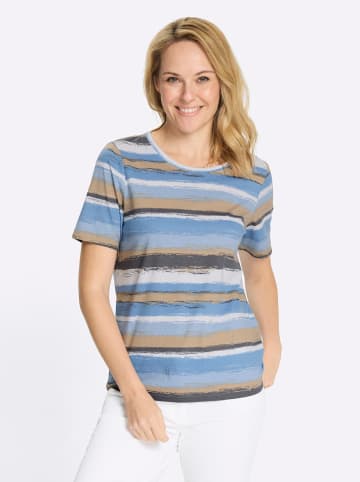 Sieh an! Kurzarmshirt in mittelblau-camel-bedruckt