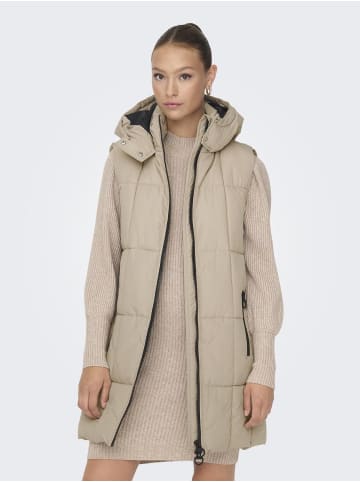 JACQUELINE de YONG Lange Steppweste Wattiertes Coat Ohne Ärmel mit Kapuze in Beige