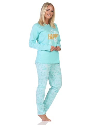 NORMANN Schlafanzug langarm Pyjama Schleifen Motiv in türkis