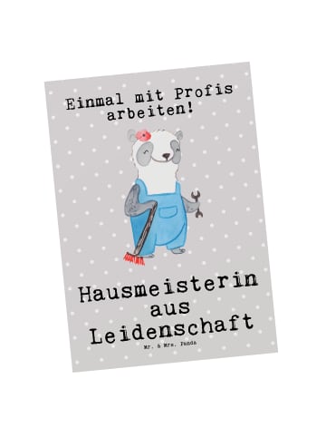 Mr. & Mrs. Panda Postkarte Hausmeisterin Leidenschaft mit Spruch in Grau Pastell