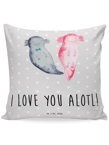 Mr. & Mrs. Panda Kissen Axolotl Liebe mit Spruch in Grau Pastell