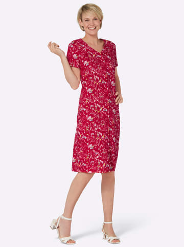 Sieh an! Blumenkleid in rot-taubenblau-bedruckt