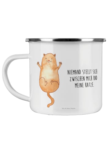 Mr. & Mrs. Panda Camping Emaille Tasse Katze Umarmen mit Spruch in Weiß