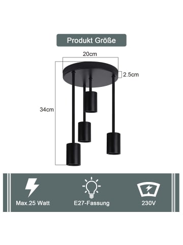 ZMH Deckenleuchte in Schwarz 4-flammige E27 rund Metall